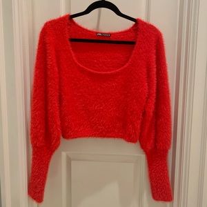 Zara Fuzzy Cropped Sweater - Red